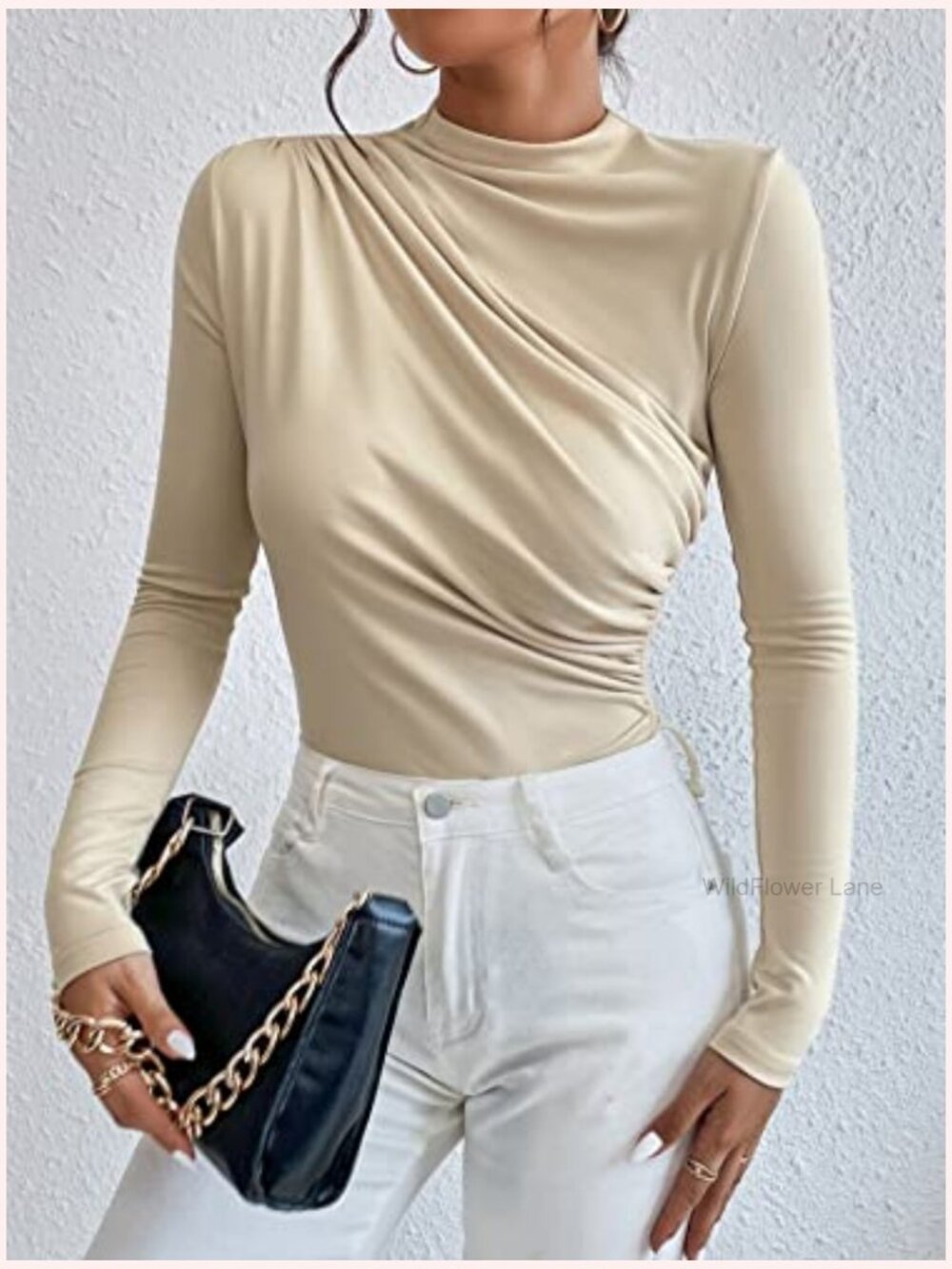 Mock Neck Ruched Long Sleeve Bodysuit Jumpsuit Slim Fit Stretchy - Picture 5 of 7